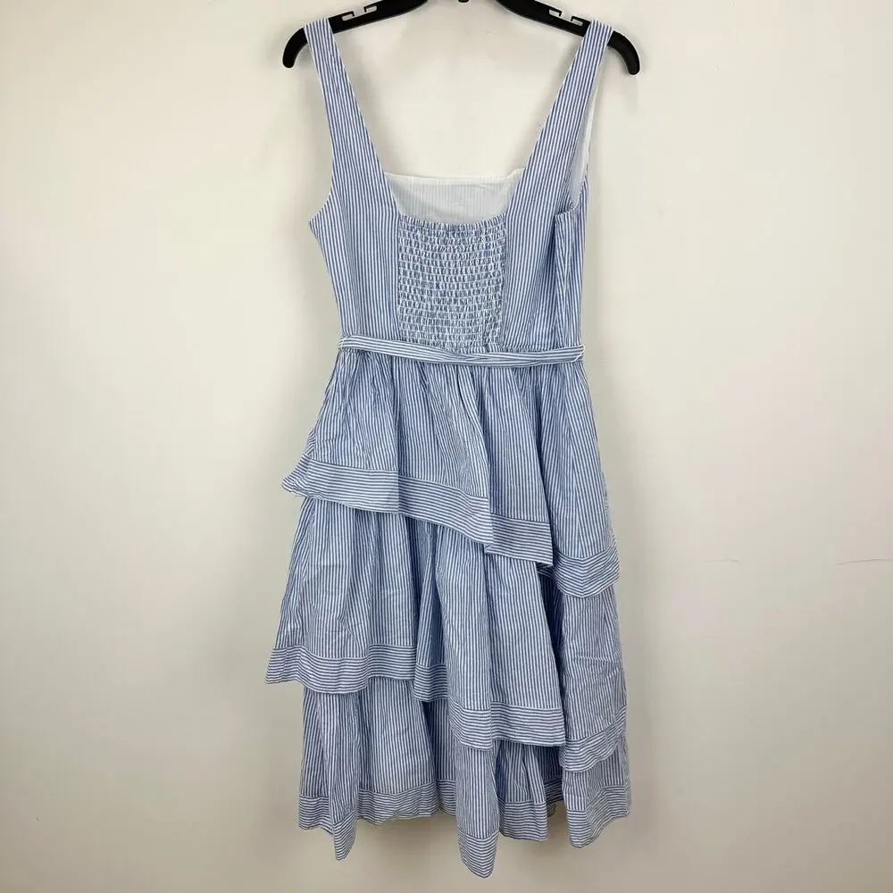 J.Crew Striped Sleeveless Belted Tiered Dress White Banker Blue Retro US 6 NWT